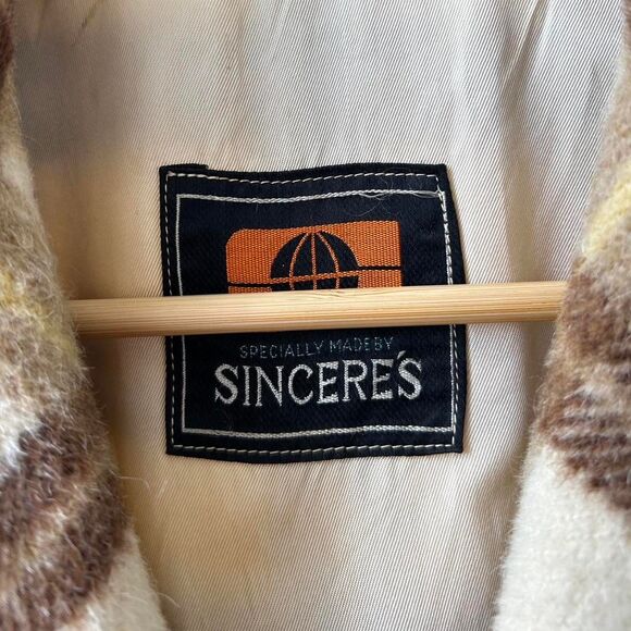 70s Vintage Wool Plaid Belted Winter Coat Small Womens Cream / Tan / Brown - Picture 8 of 8